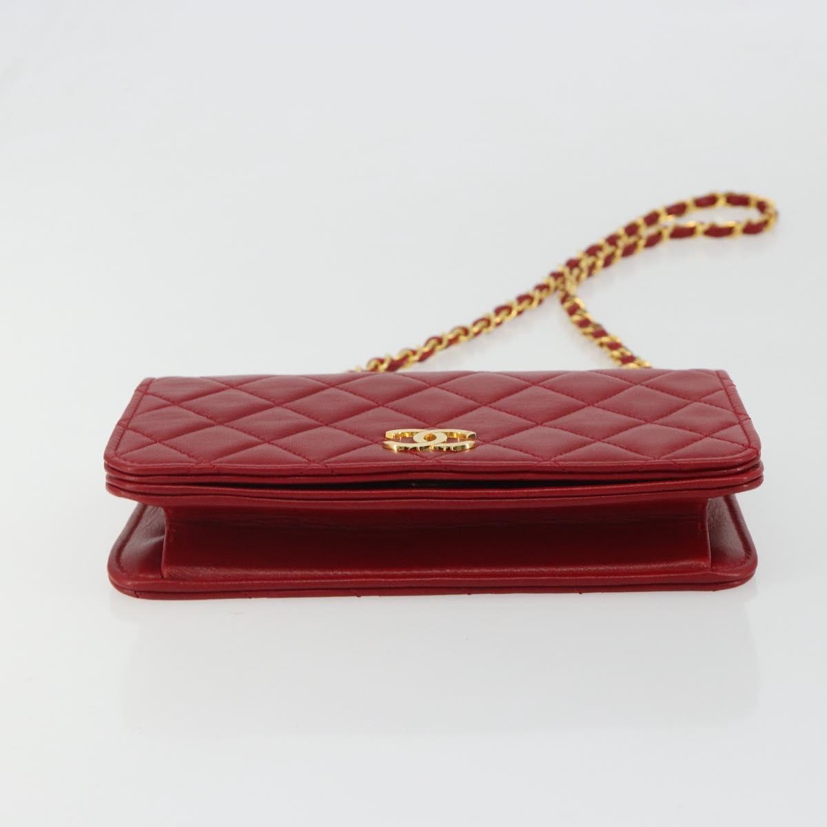 CHANEL Matelasse Chain Shoulder Bag Lamb Skin Red Gold CC Auth 189311