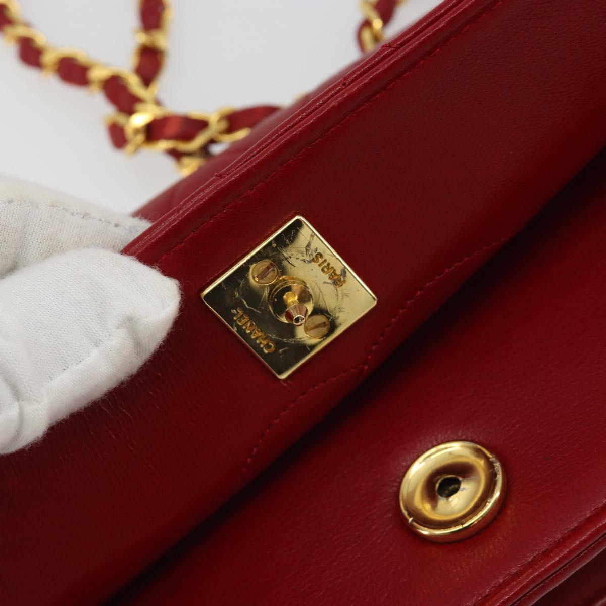 CHANEL Matelasse Chain Shoulder Bag Lamb Skin Red Gold CC Auth 189311