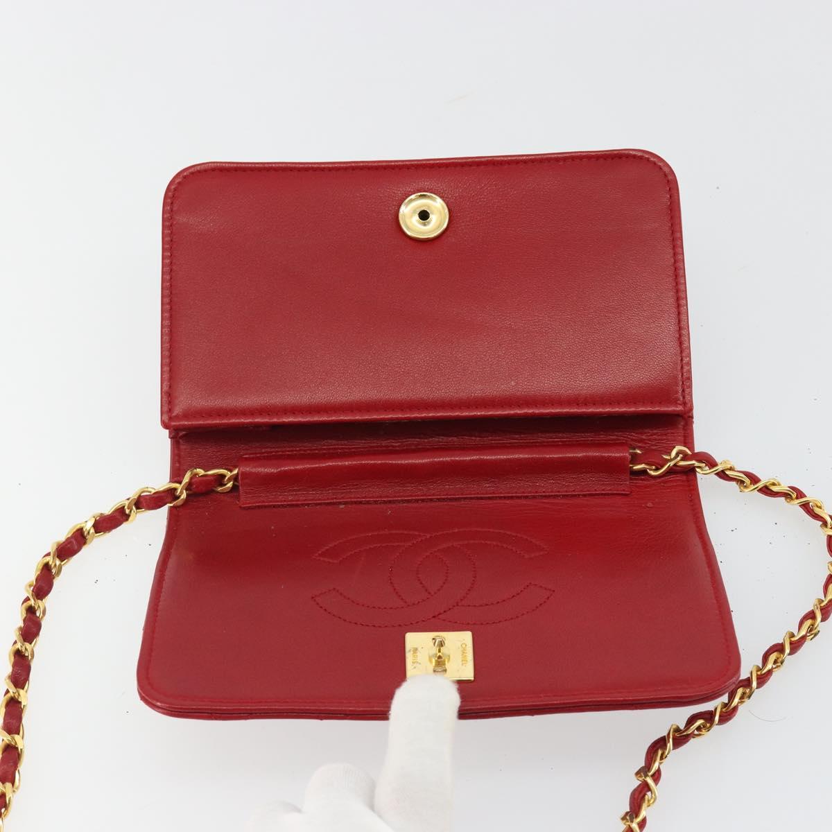 CHANEL Matelasse Chain Shoulder Bag Lamb Skin Red Gold CC Auth 189311