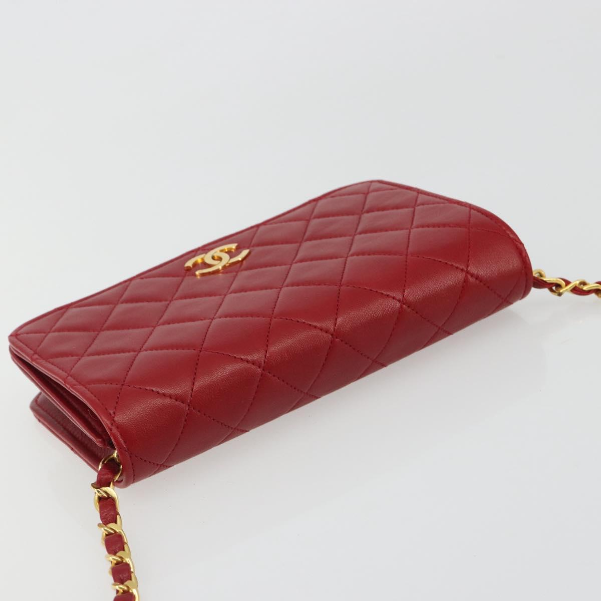 CHANEL Matelasse Chain Shoulder Bag Lamb Skin Red Gold CC Auth 189311