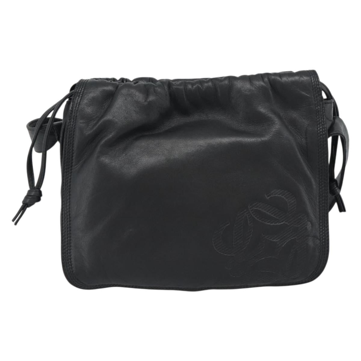 LOEWE Anagram Shoulder Bag Leather Black Gold Auth 189326