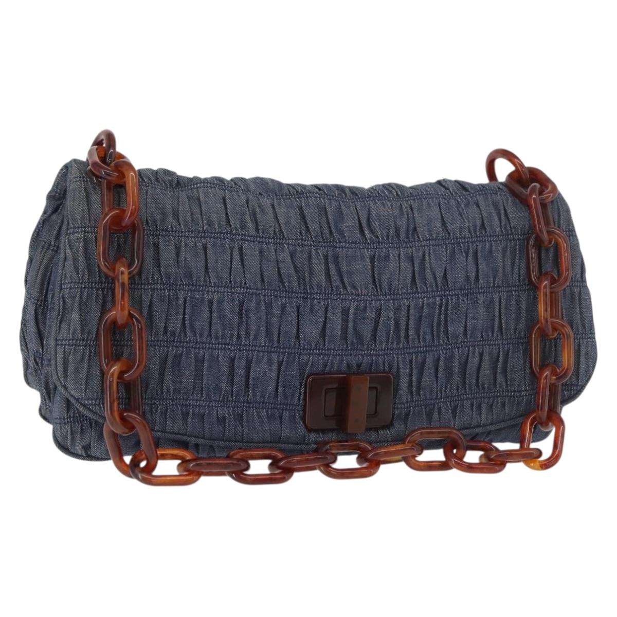 PRADA Gathered Chain Shoulder Bag Denim Blue Gold Auth 189327V