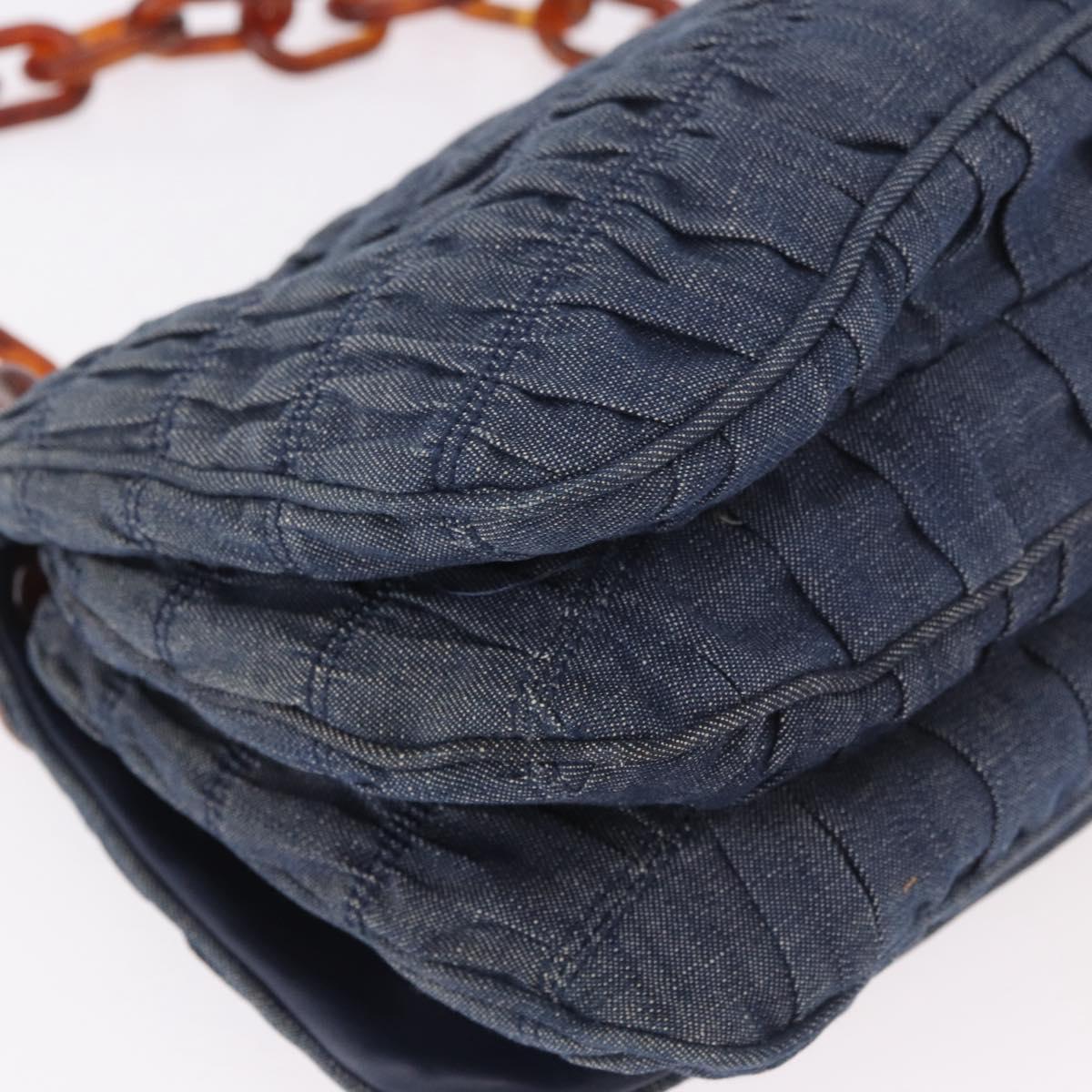 PRADA Gathered Chain Shoulder Bag Denim Blue Gold Auth 189327V