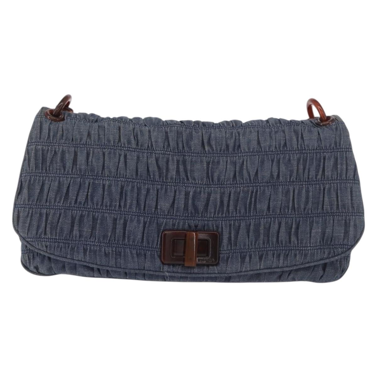 PRADA Gathered Chain Shoulder Bag Denim Blue Gold Auth 189327V