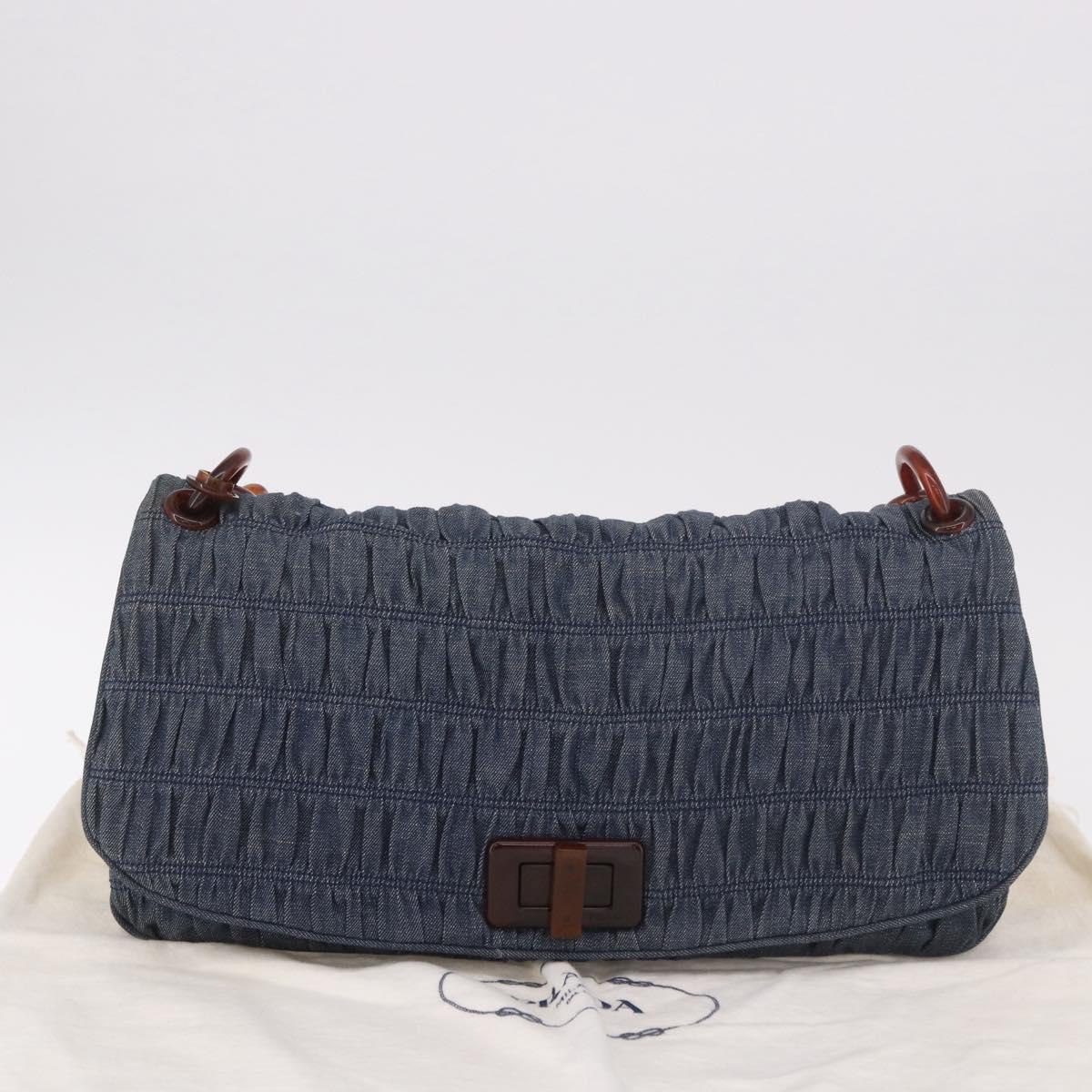PRADA Gathered Chain Shoulder Bag Denim Blue Gold Auth 189327V