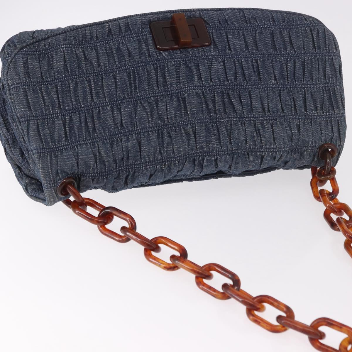 PRADA Gathered Chain Shoulder Bag Denim Blue Gold Auth 189327V