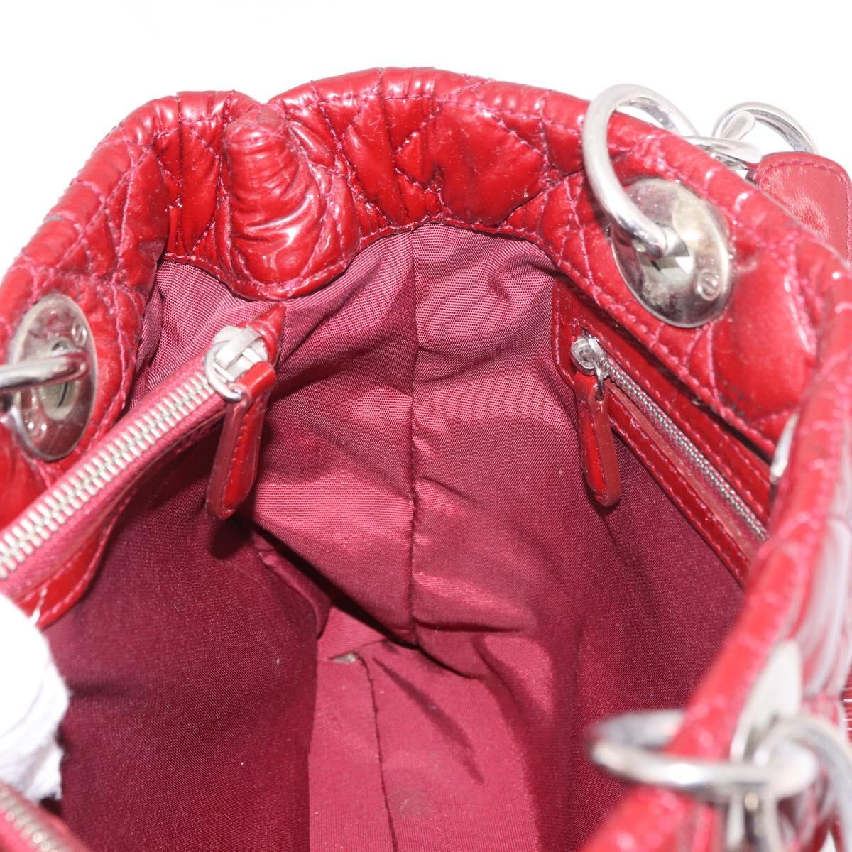 Christian Dior Lady Dior Canage Hand Bag Patent leather Red Silver Auth 189337