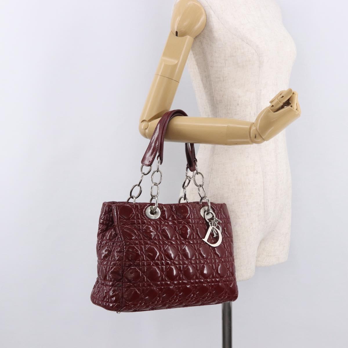 Christian Dior Lady Dior Canage Hand Bag Patent leather Red Silver Auth 189337
