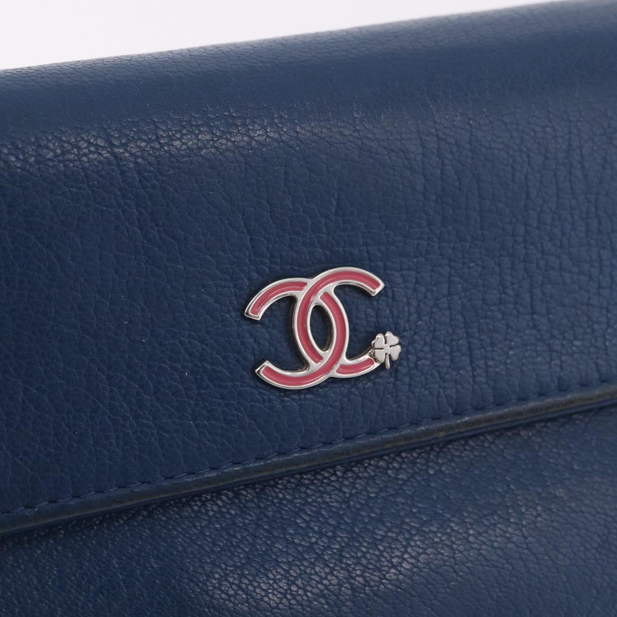 CHANEL Long Wallet Leather Blue Silver CC Auth 189356