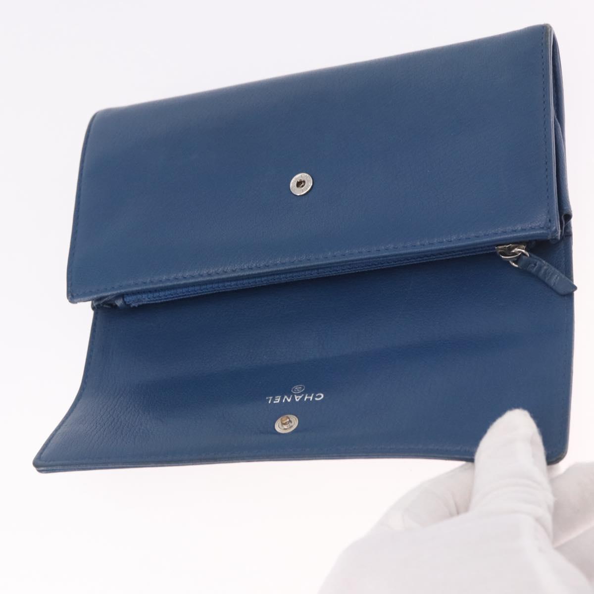 CHANEL Long Wallet Leather Blue Silver CC Auth 189356