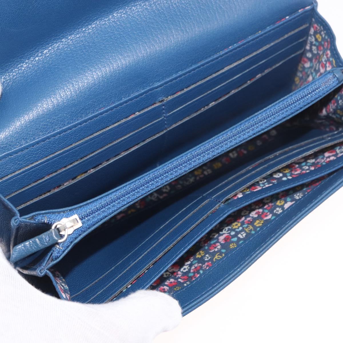 CHANEL Long Wallet Leather Blue Silver CC Auth 189356