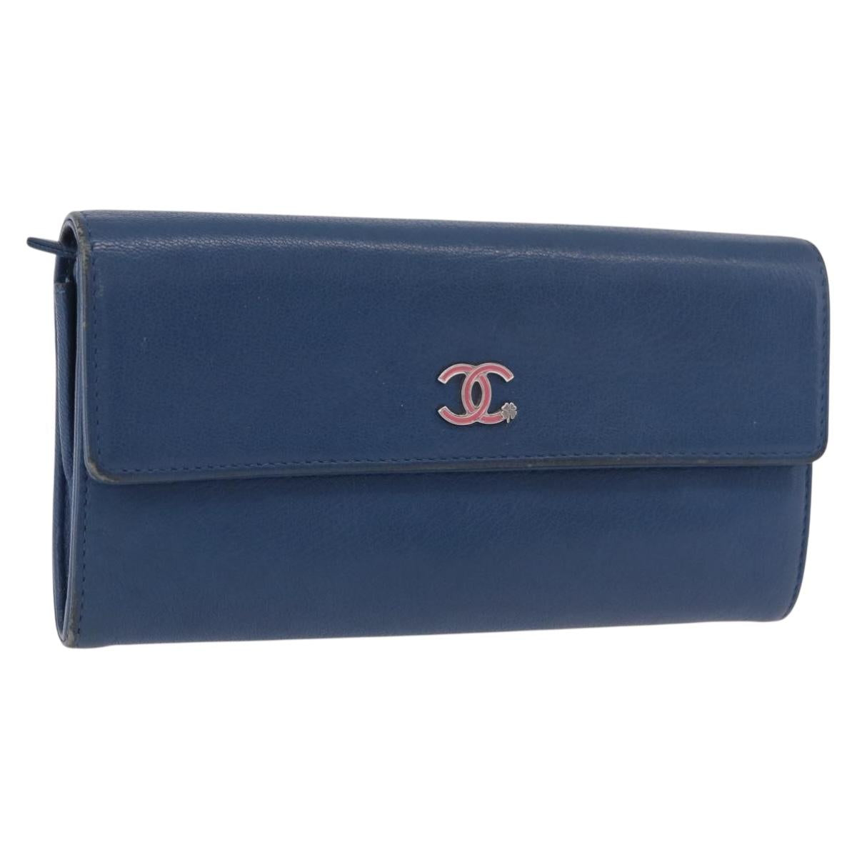 CHANEL Long Wallet Leather Blue Silver CC Auth 189356