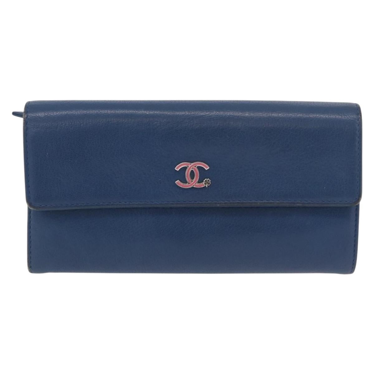 CHANEL Long Wallet Leather Blue Silver CC Auth 189356