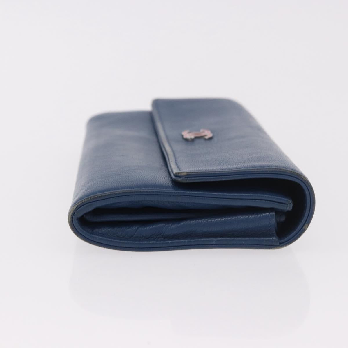 CHANEL Long Wallet Leather Blue Silver CC Auth 189356