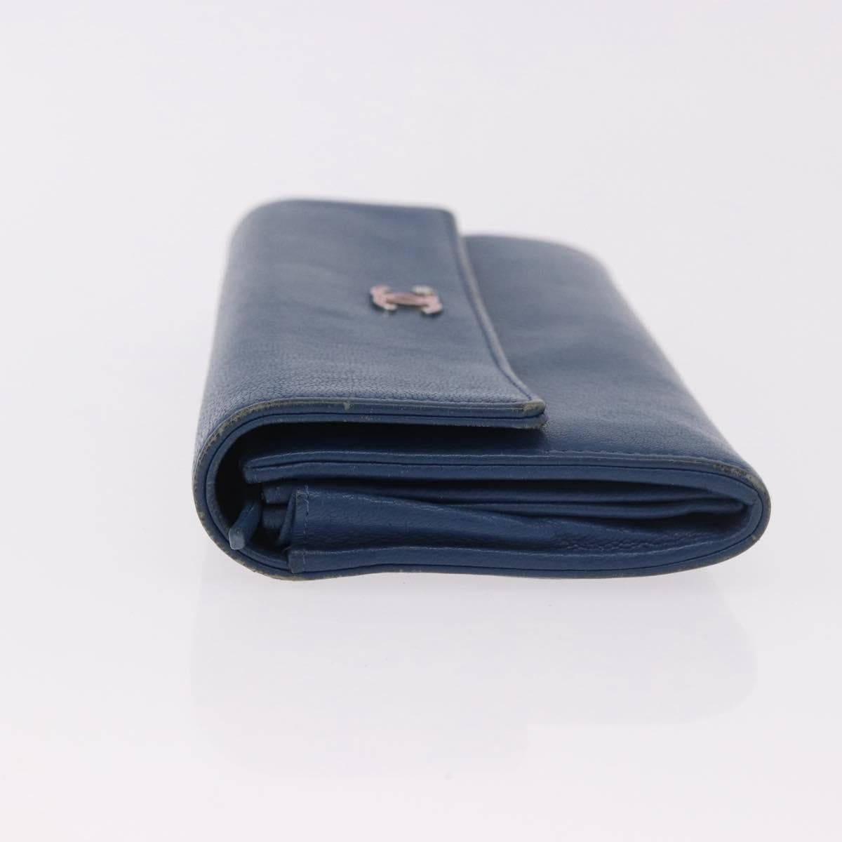 CHANEL Long Wallet Leather Blue Silver CC Auth 189356