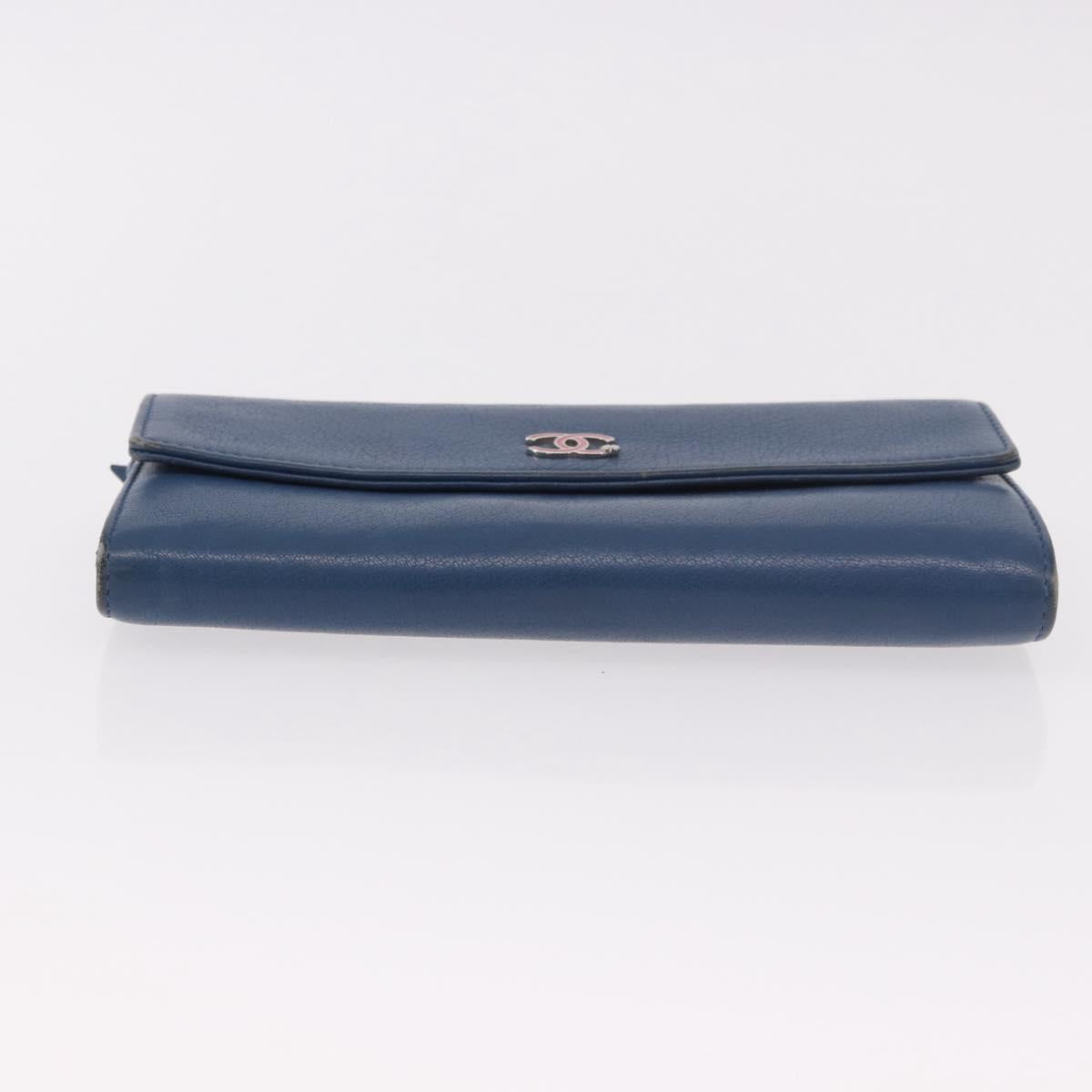 CHANEL Long Wallet Leather Blue Silver CC Auth 189356