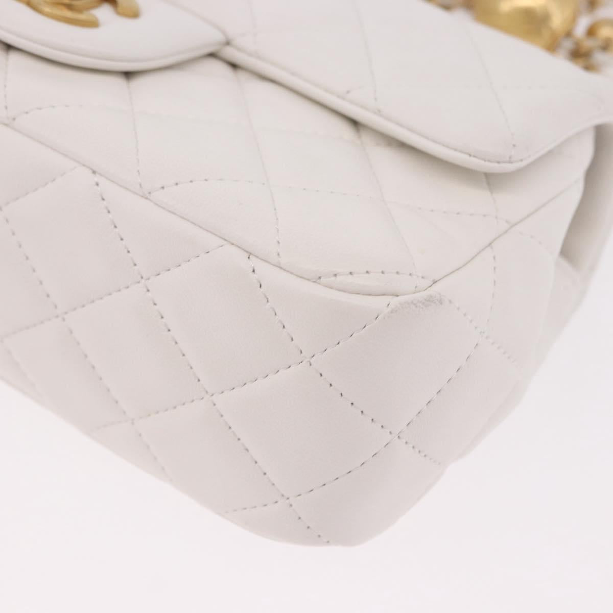 CHANEL Matelasse Chain Shoulder Bag Lamb Skin White Gold CC Auth 189358SAM