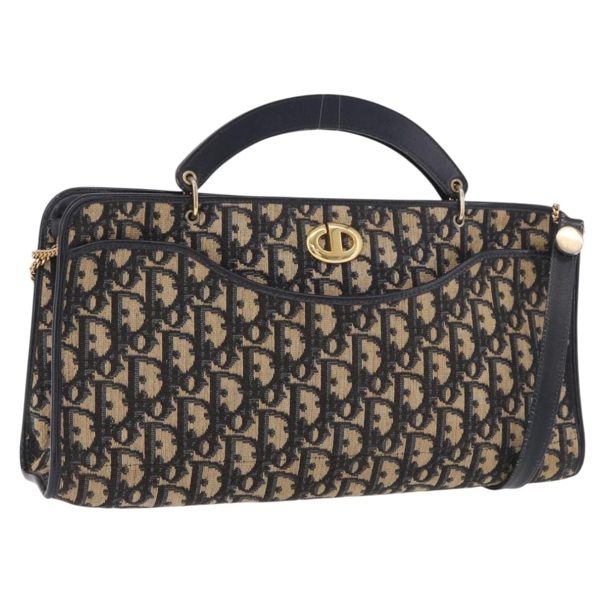 Christian Dior Trotter Canvas Shoulder Bag Navy Gold Auth 189365