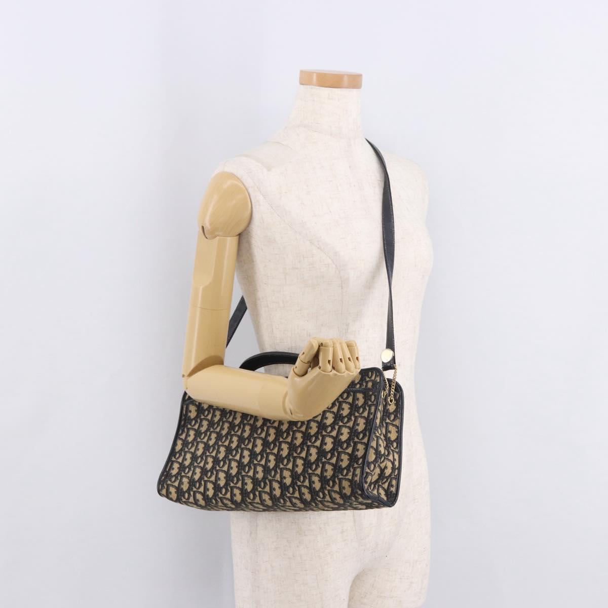 Christian Dior Trotter Canvas Shoulder Bag Navy Gold Auth 189365