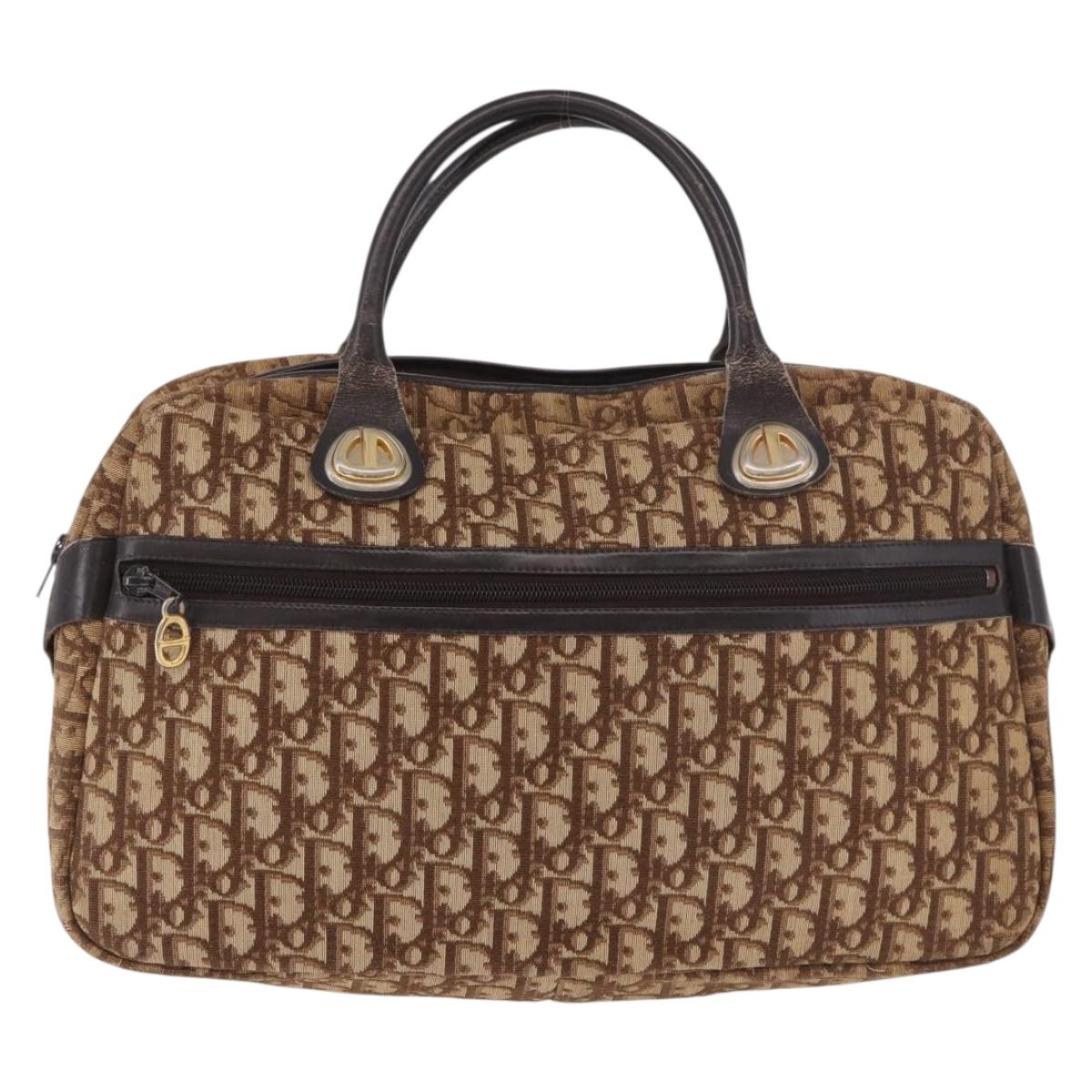 Christian Dior Trotter Canvas Boston Bag Brown Gold Auth 189366
