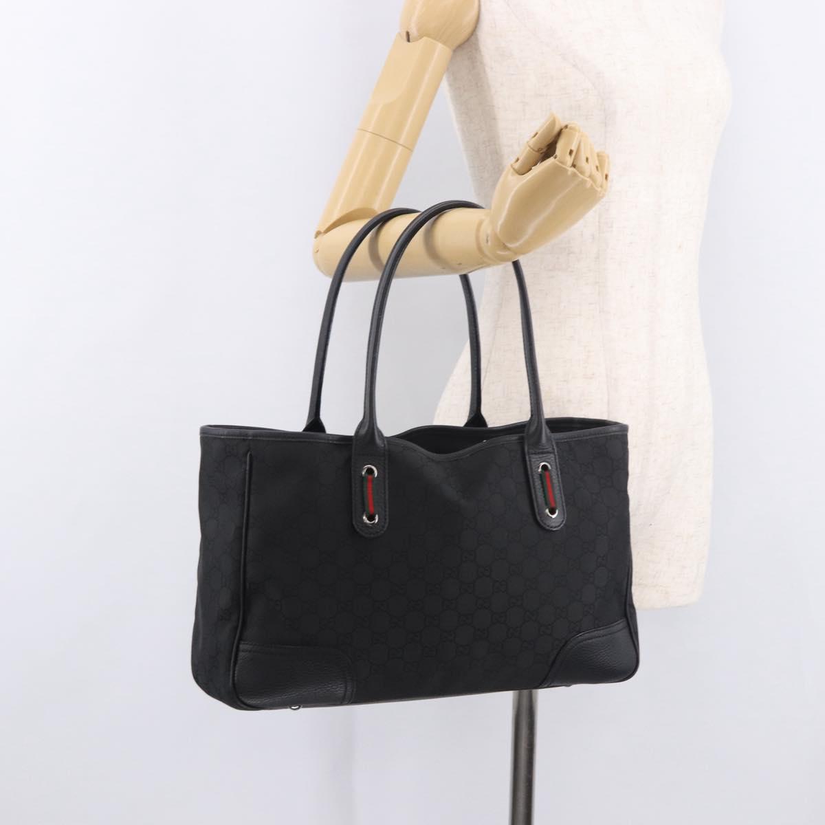 GUCCI GG Canvas Web Sherry Line Tote Bag Black Silver Red 293592 Auth 189381V