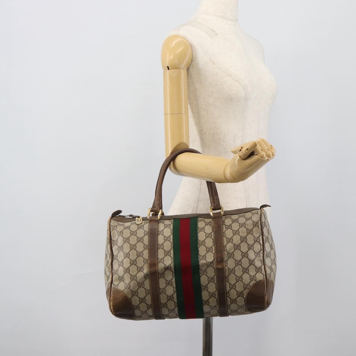 GUCCI GG Supreme Web Sherry Line Boston Bag PVC Beige Gold Auth 189420
