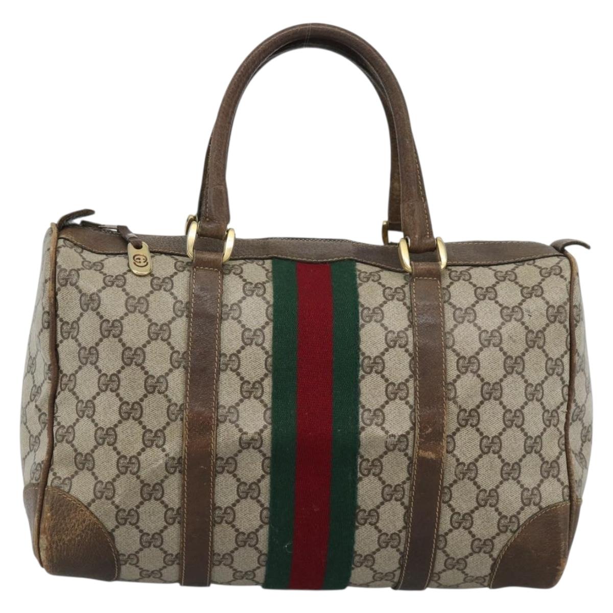 GUCCI GG Supreme Web Sherry Line Boston Bag PVC Beige Gold Auth 189420