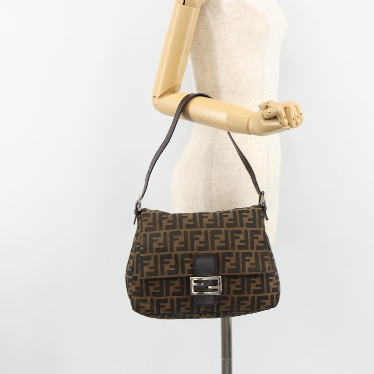 FENDI Zucca Canvas Mamma Baguette Shoulder Bag Black Brown Auth 189496SAM