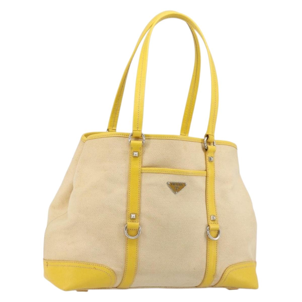 PRADA Tote Bag Canvas Beige Silver Auth 189498A