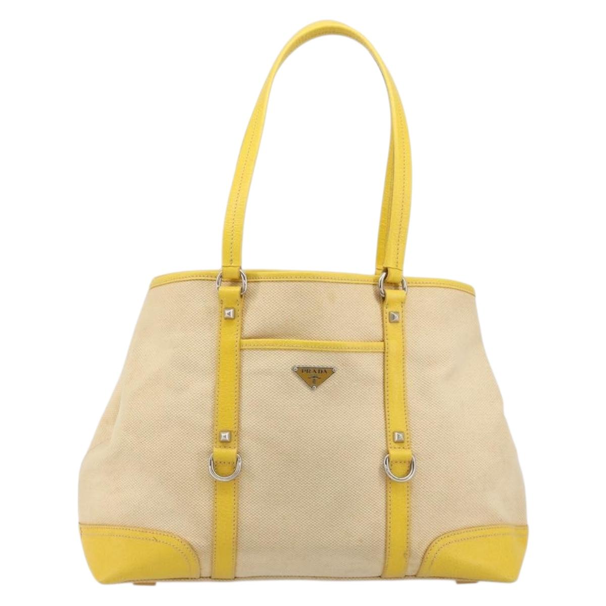 PRADA Tote Bag Canvas Beige Silver Auth 189498A