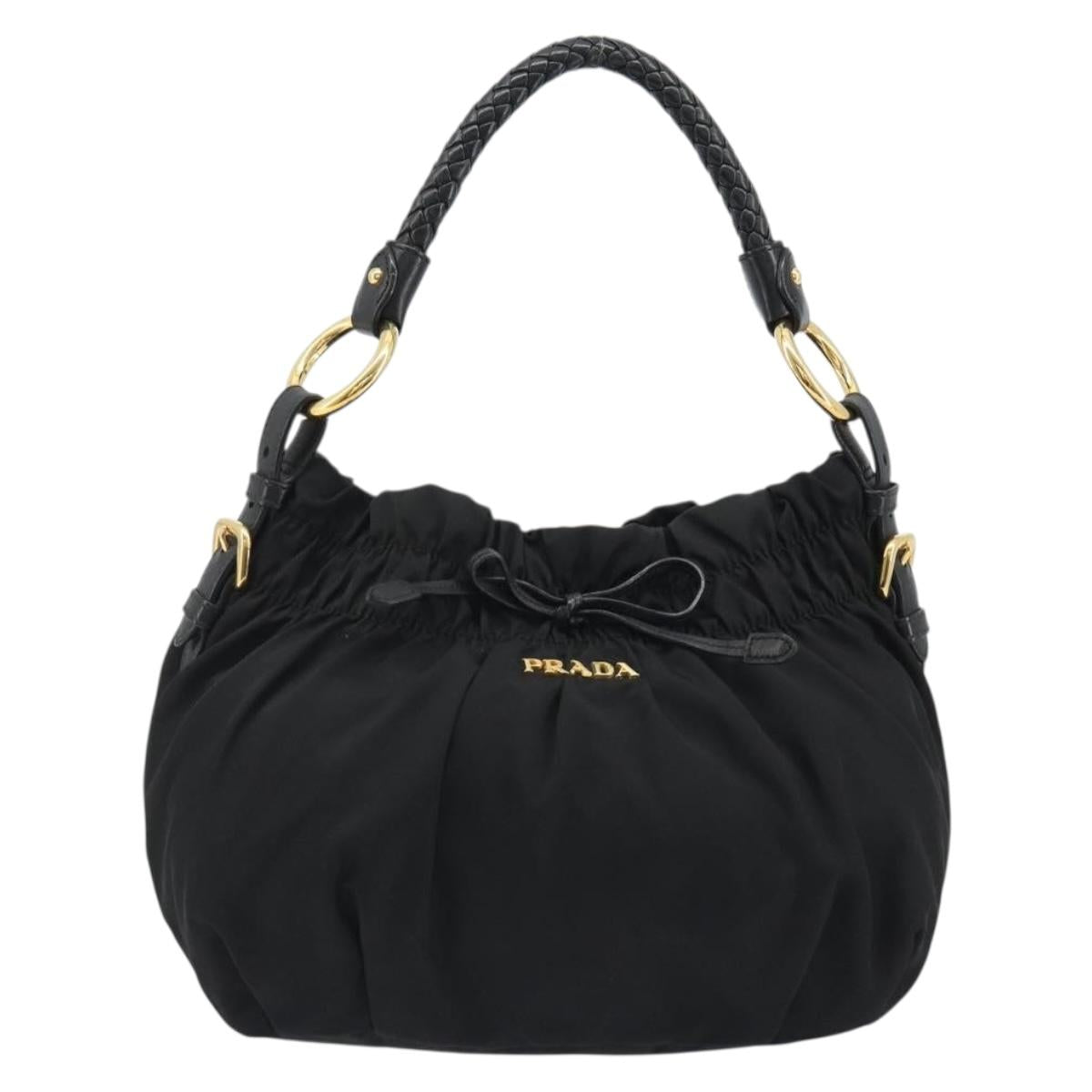PRADA Gathered Shoulder Bag Nylon Black Gold Auth 189499V