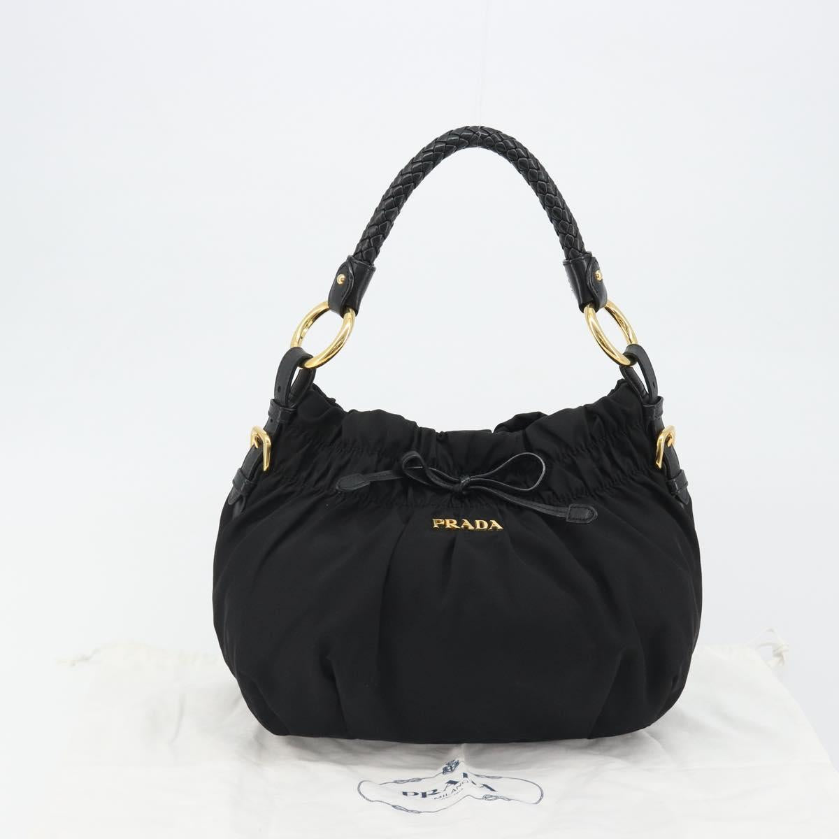 PRADA Gathered Shoulder Bag Nylon Black Gold Auth 189499V