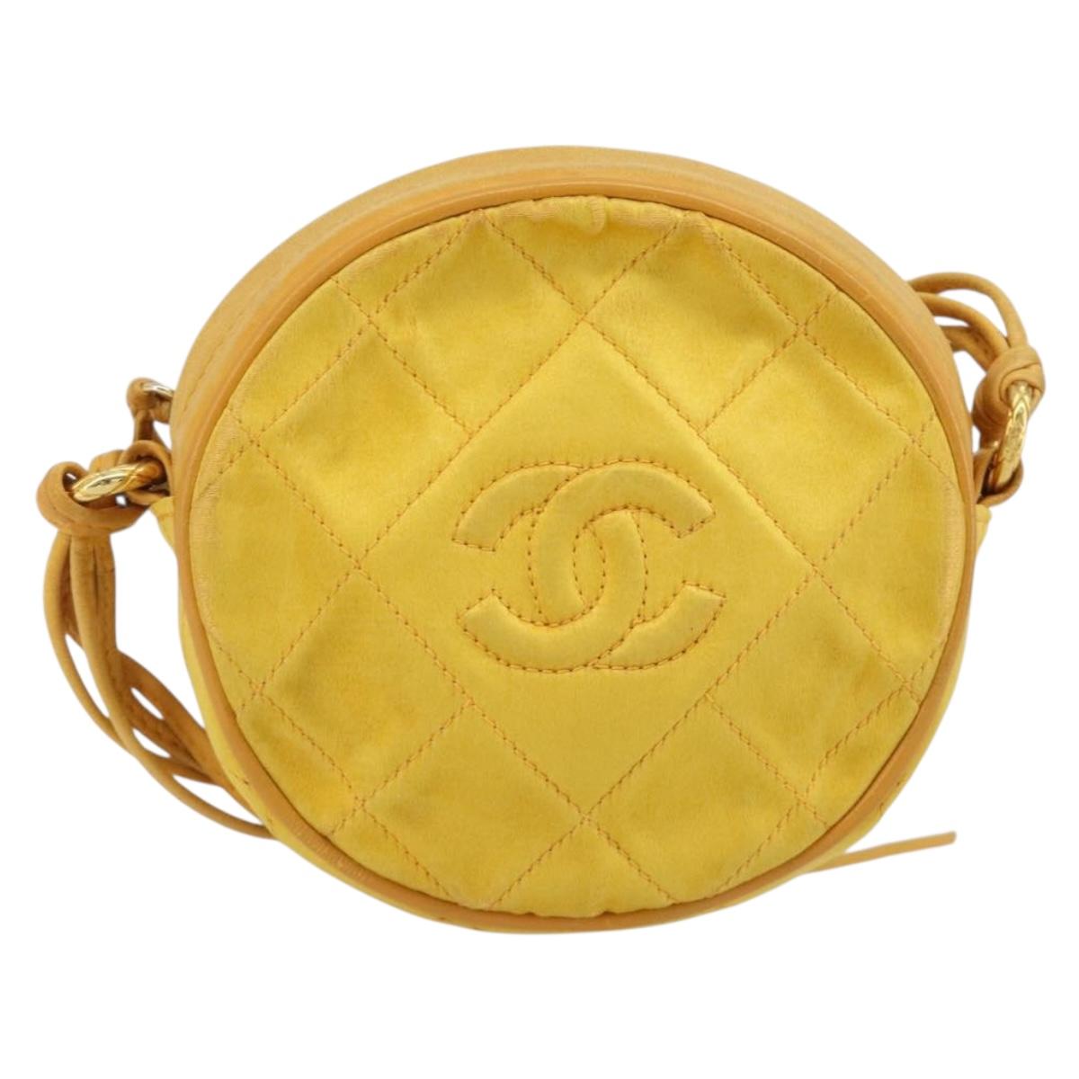CHANEL Matelasse Shoulder Bag Satin Yellow Gold CC Auth 189501A