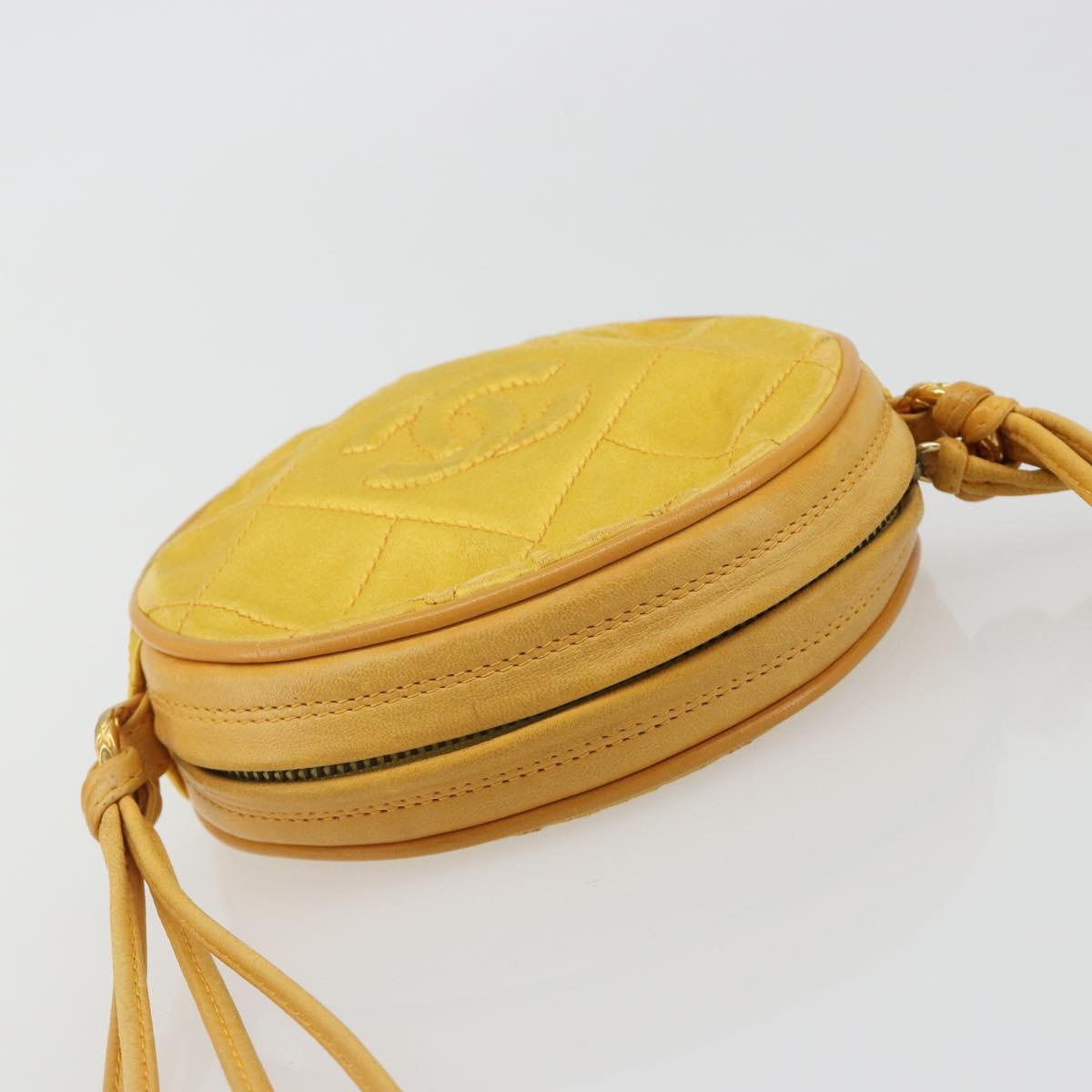CHANEL Matelasse Shoulder Bag Satin Yellow Gold CC Auth 189501A