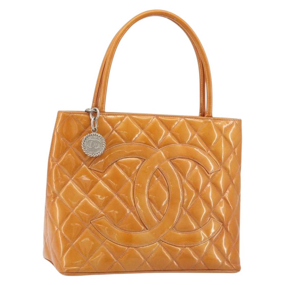 CHANEL Matelasse Standard Tote Bag Patent Leather Orange Silver CC Auth 189502A