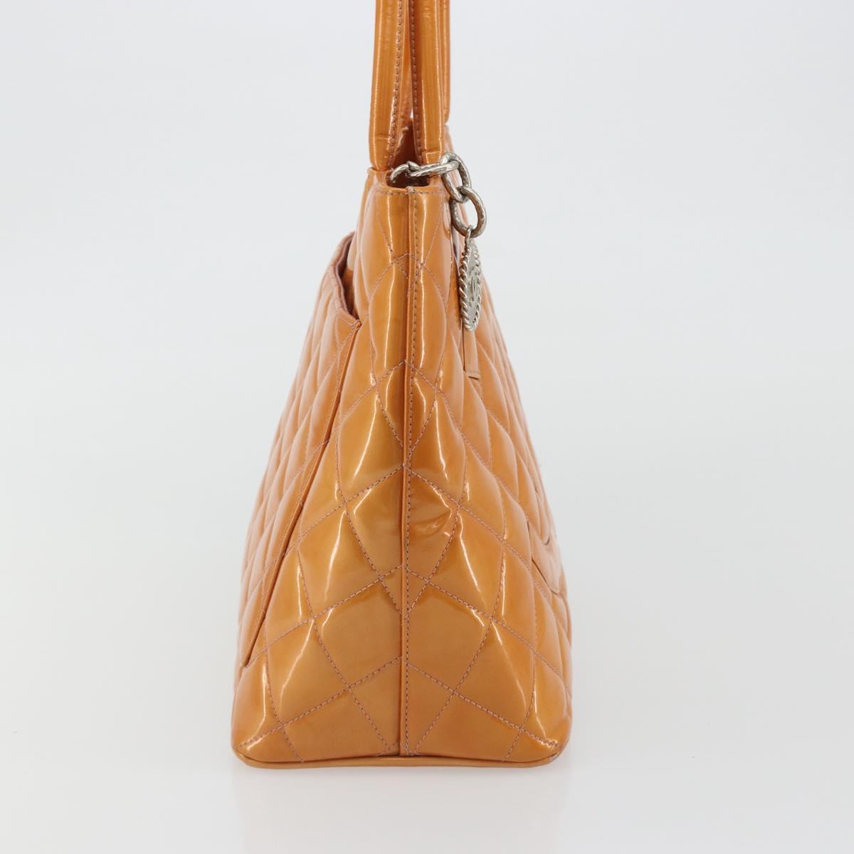 CHANEL Matelasse Standard Tote Bag Patent Leather Orange Silver CC Auth 189502A