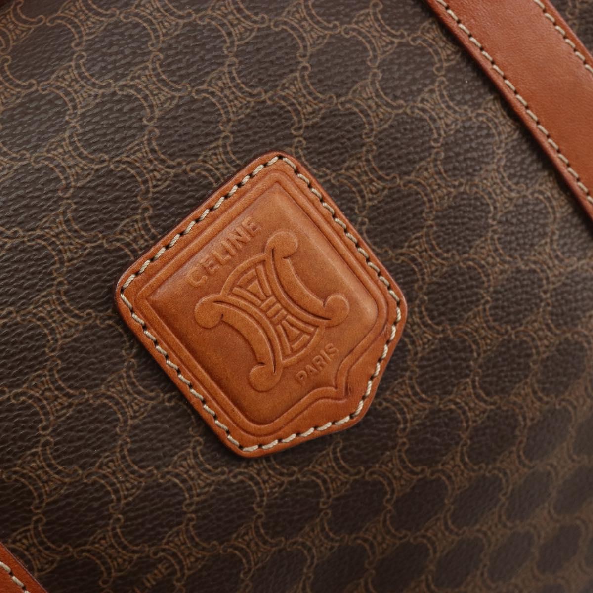CELINE Macadam Canvas Boston Bag PVC Leather Brown Gold Auth 189503A