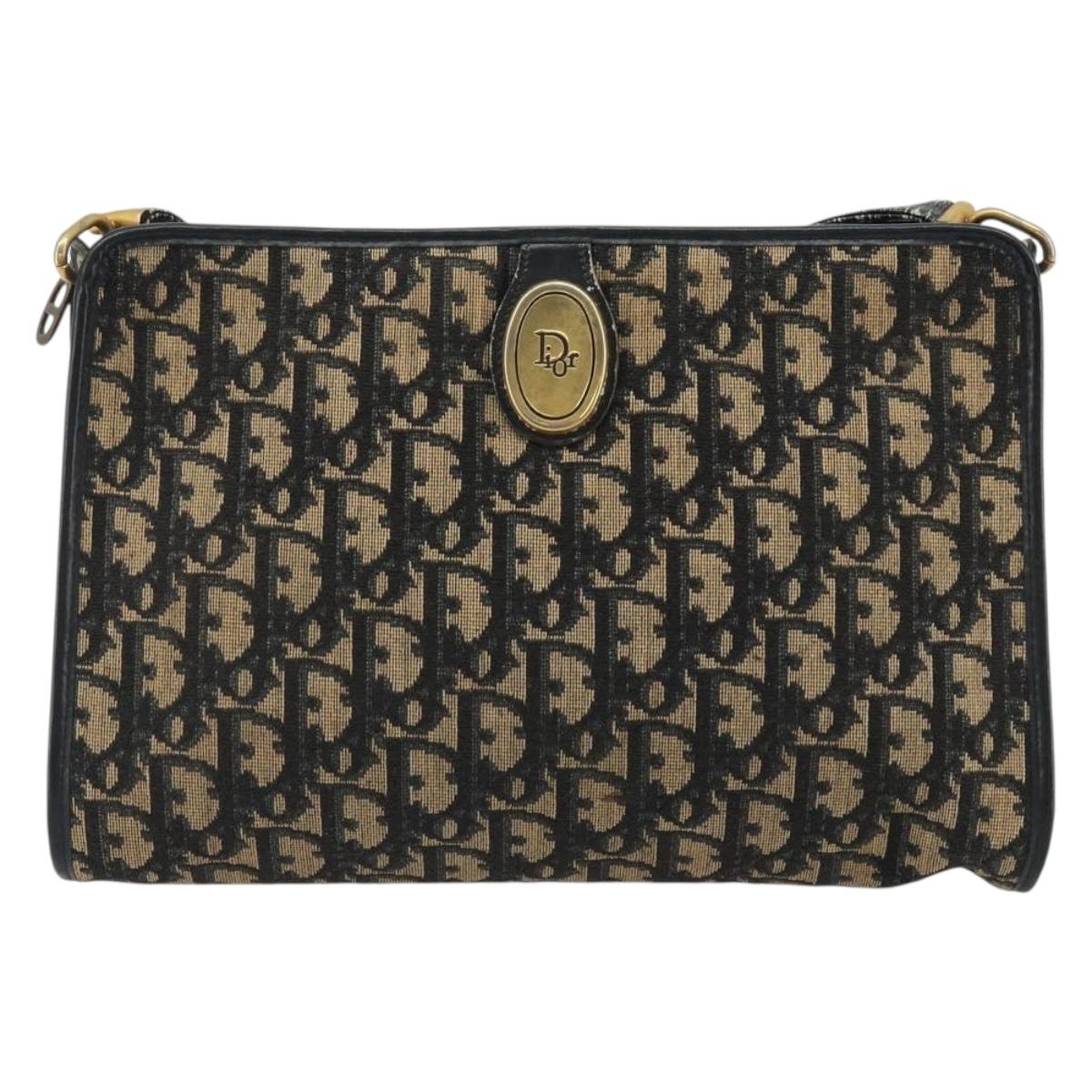 Christian Dior Trotter Canvas Shoulder Bag Navy Gold Auth 189506