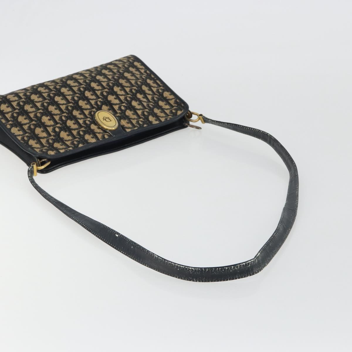 Christian Dior Trotter Canvas Shoulder Bag Navy Gold Auth 189506