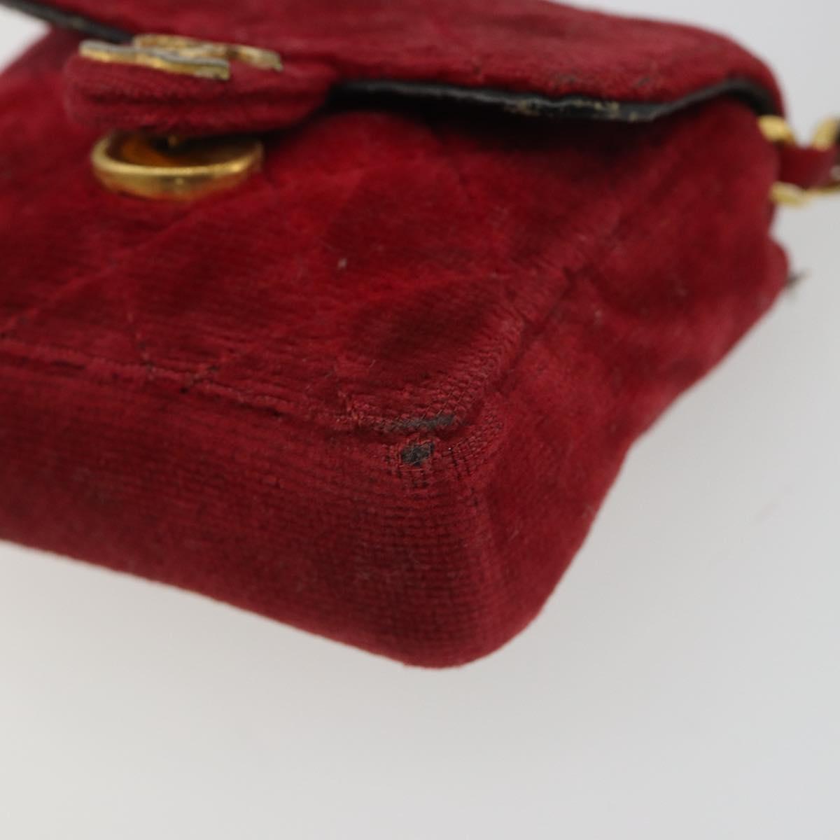 CHANEL Mini Mini Matelasse 7 Chain Shoulder Pouch Velor Red Gold CC Auth 189515