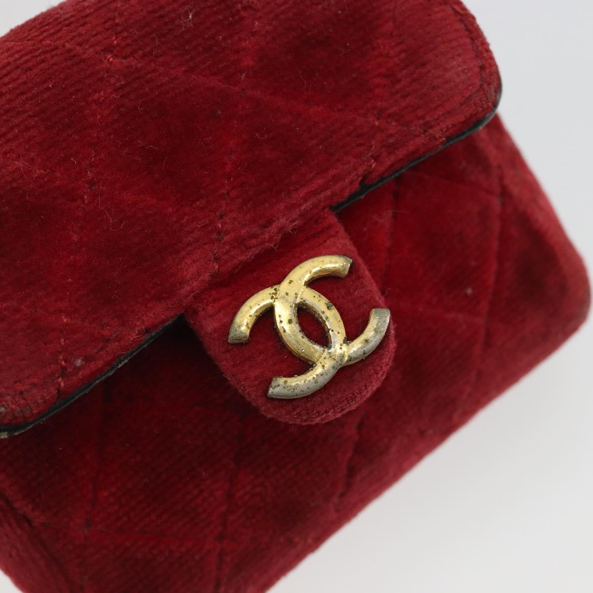 CHANEL Mini Mini Matelasse 7 Chain Shoulder Pouch Velor Red Gold CC Auth 189515