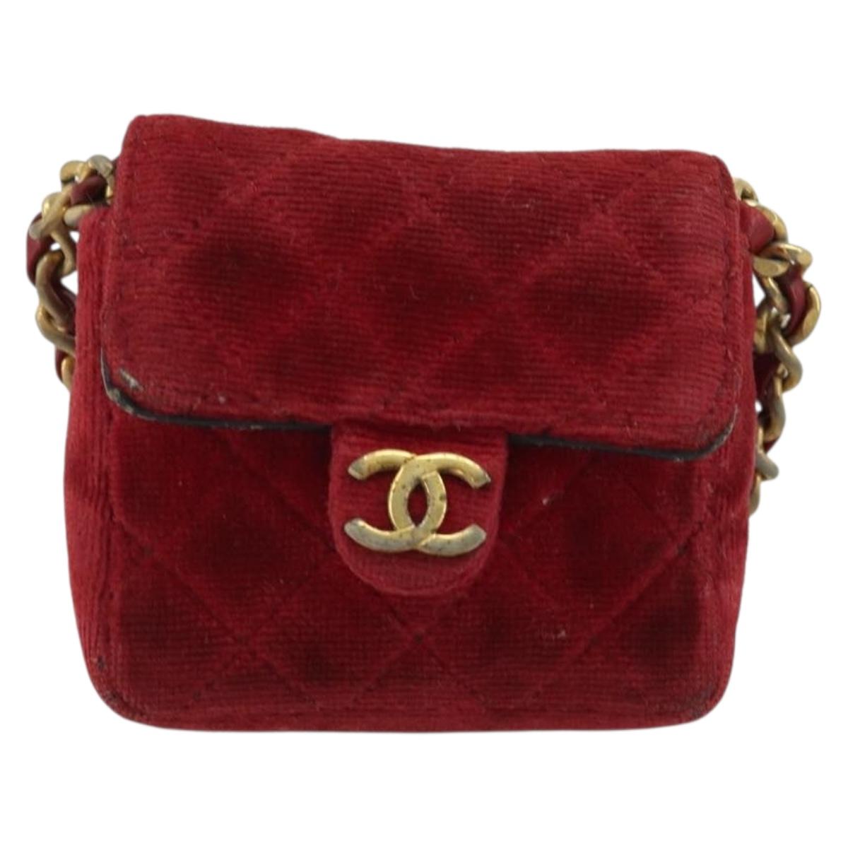 CHANEL Mini Mini Matelasse 7 Chain Shoulder Pouch Velor Red Gold CC Auth 189515