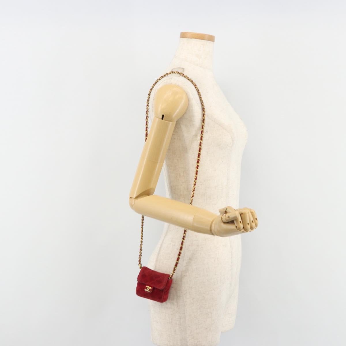CHANEL Mini Mini Matelasse 7 Chain Shoulder Pouch Velor Red Gold CC Auth 189515