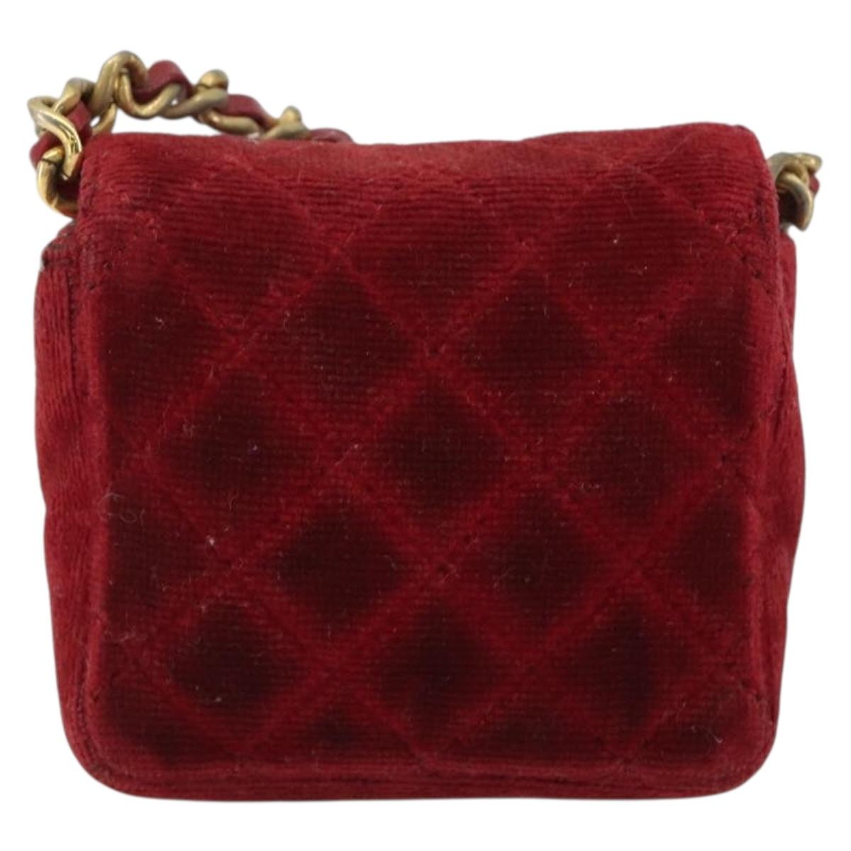 CHANEL Mini Mini Matelasse 7 Chain Shoulder Pouch Velor Red Gold CC Auth 189515
