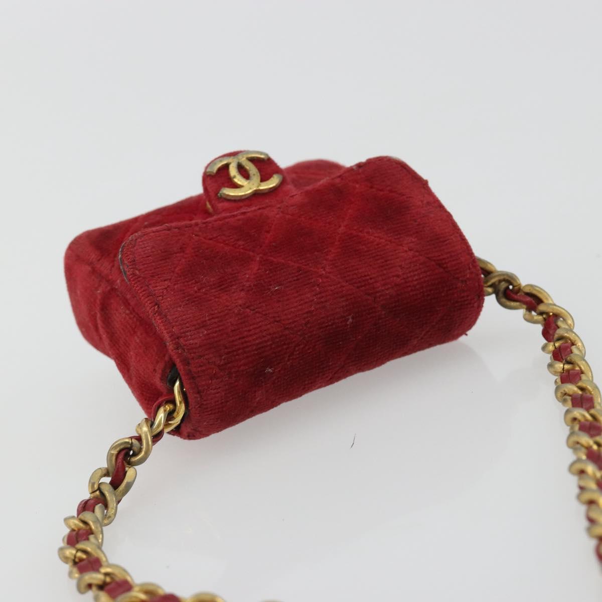 CHANEL Mini Mini Matelasse 7 Chain Shoulder Pouch Velor Red Gold CC Auth 189515