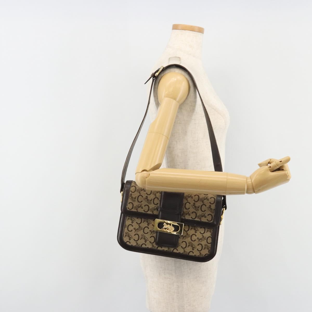CELINE C Sulky Horse Carriage Shoulder Bag Canvas Beige Gold Auth 189540A