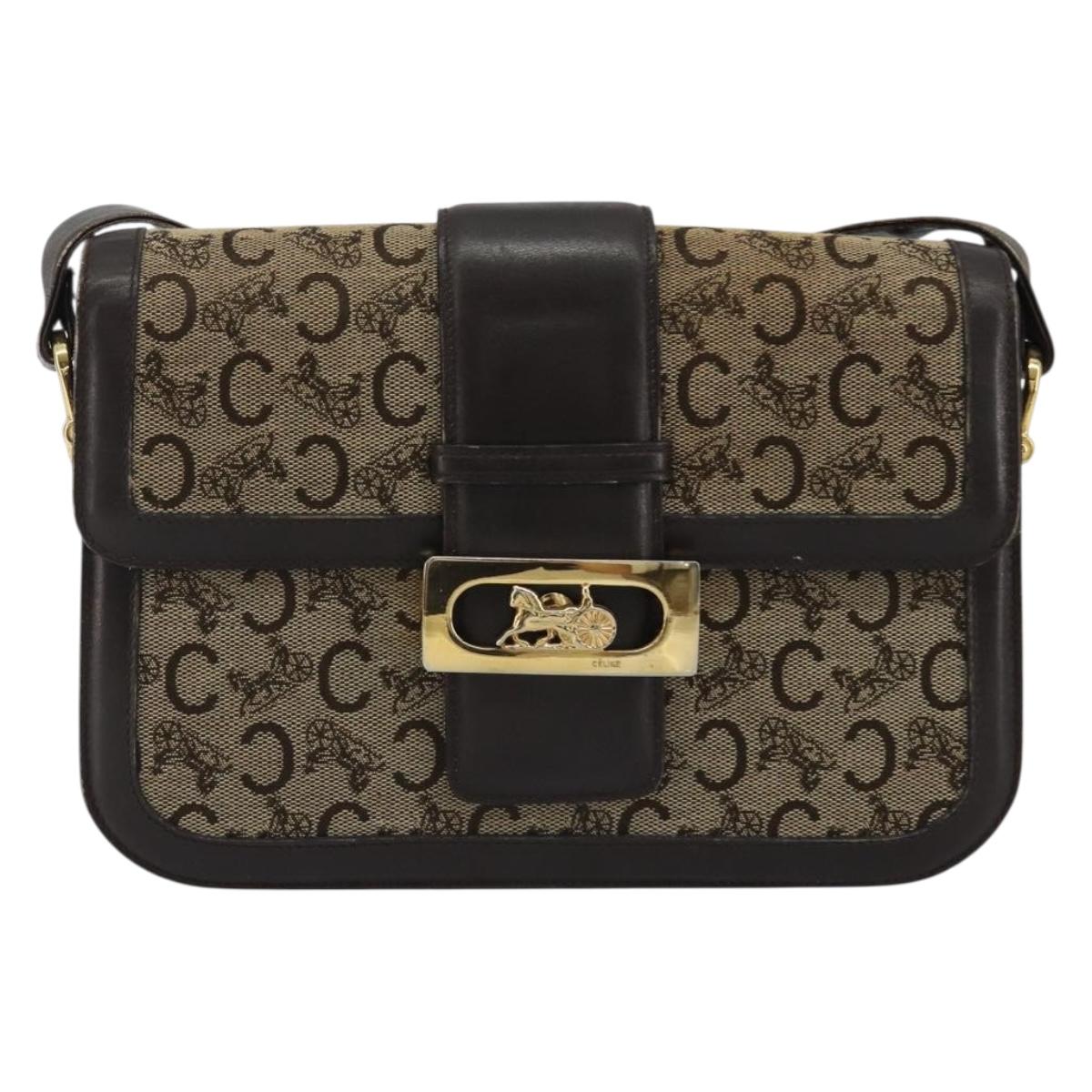 CELINE C Sulky Horse Carriage Shoulder Bag Canvas Beige Gold Auth 189540A