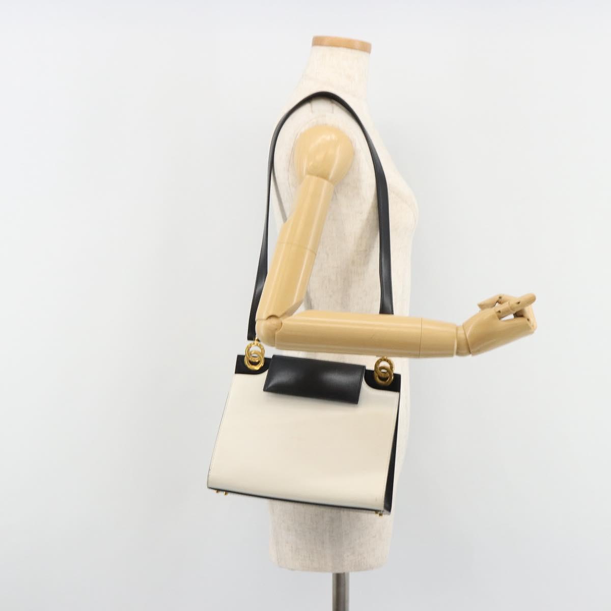 CELINE Circle Shoulder Bag Leather White Gold Auth 189542A