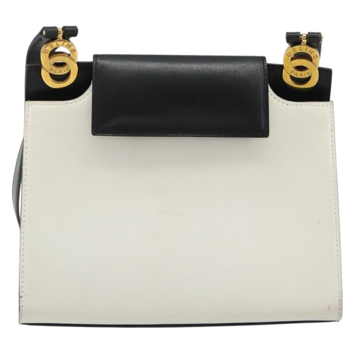 CELINE Circle Shoulder Bag Leather White Gold Auth 189542A