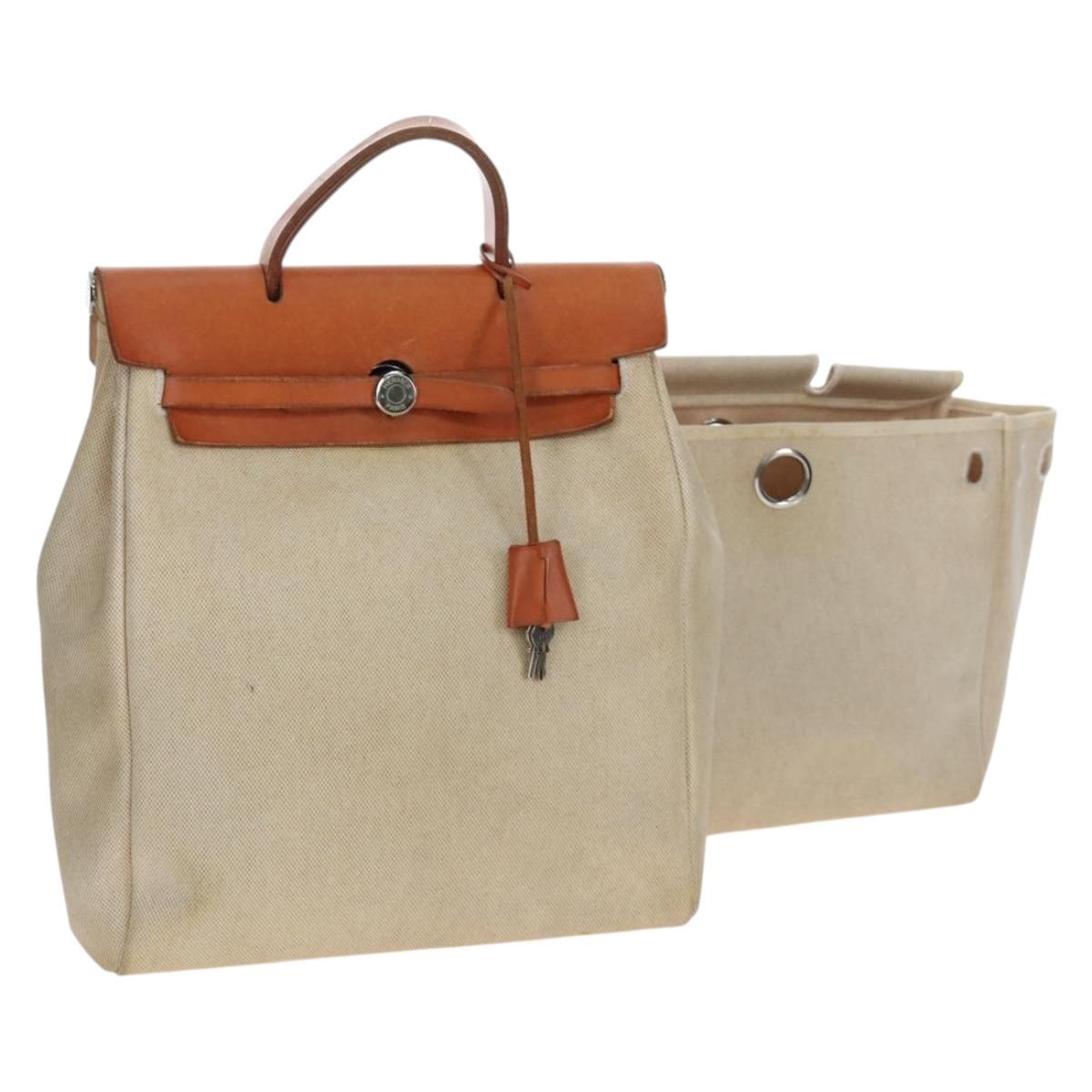 HERMES Herbag A Dos Backpack Canvas 2way Beige Silver Auth 189543